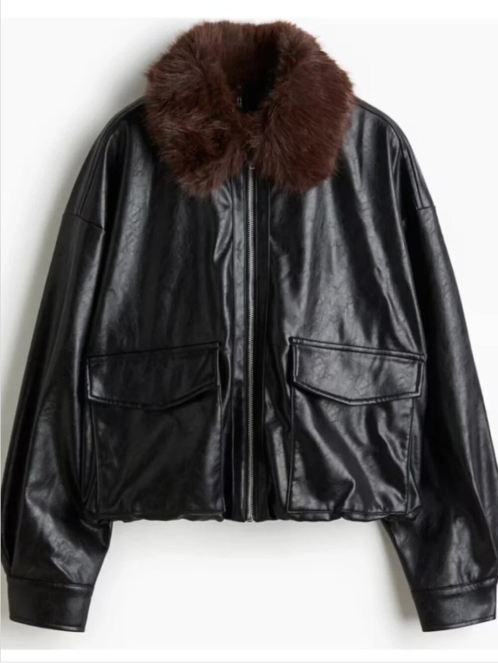 H&M Black Leather Jacket with Brown Fur Collar